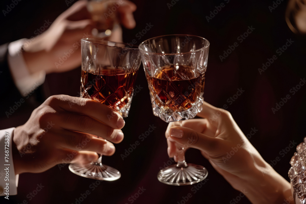 Couple makes a toast with premium alcohol in crystal glasses. Generative AI