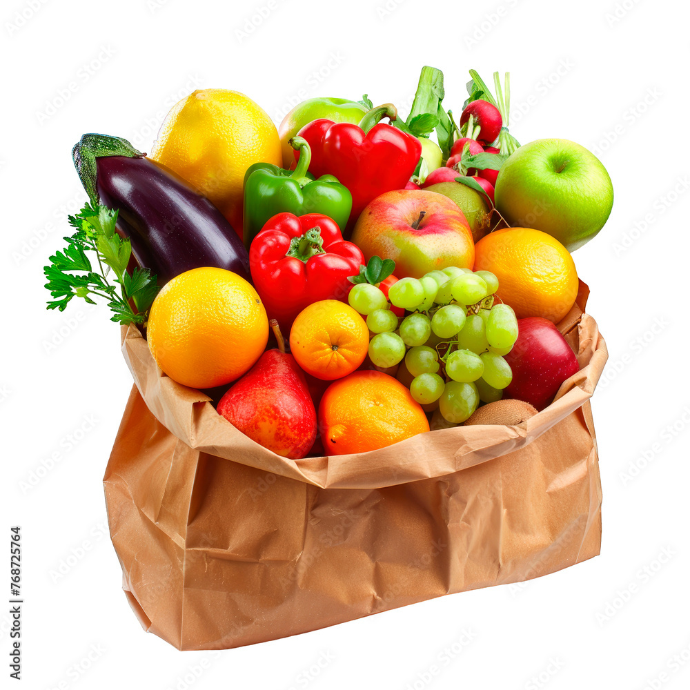 Assortment of fruits and vegetables in a brown paper bag isolated on a ...