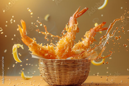 A stylized photo of crispy shrimp tempura bursting energetically from a woven basket, along with dipping sauce splatters and lemon zest, set against a matte olive background. photo