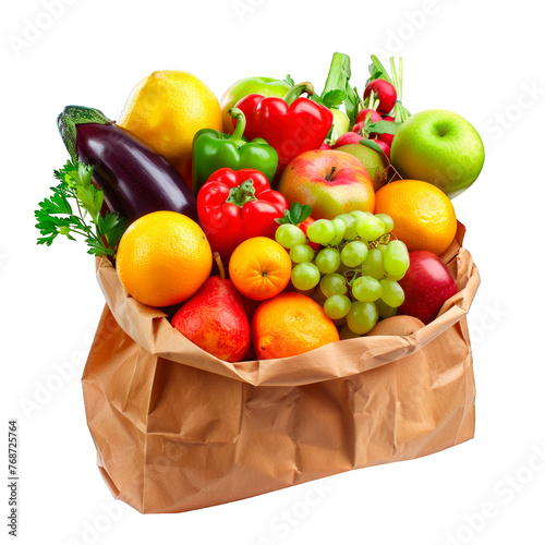 Fototapeta Naklejka Na Ścianę i Meble -  Assortment of fruits and vegetables in a brown paper bag isolated on a cutout PNG transparent background