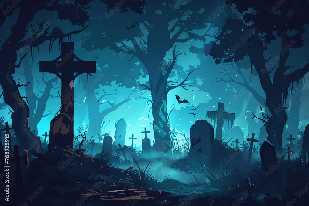 Spooky Graveyard in Dark Forest on Halloween Night, Horror Concept Illustration Spooky Graveyard in Dark Forest on Halloween Night, Horror Concept Illustration