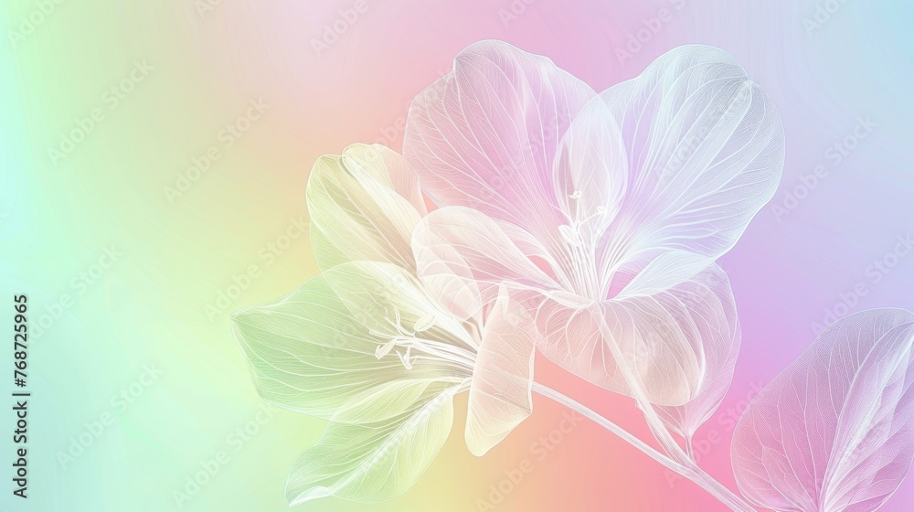  A close-up photo of a vibrant flower set against an abstract multi-colored backdrop, with a softly blurred image of a different flower in the distance