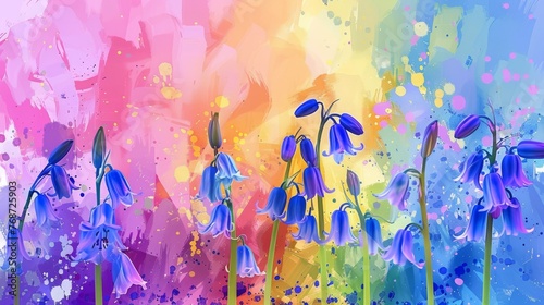  A bluebell painting with a vibrant backdrop and a splashed paint effect