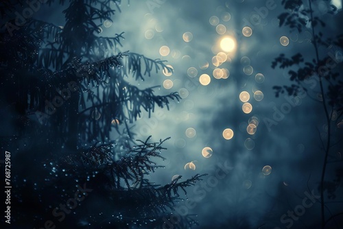 Spooky misty forest with full moon light shining through trees, creating eerie bokeh effect - Abstract photo