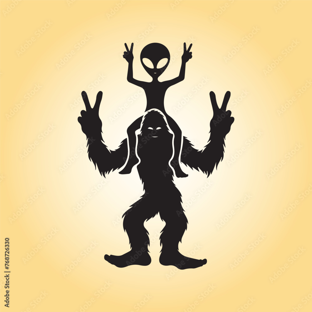 Bigfoot Alien Joyful sign vector illustration in black and white