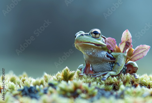 a happy smiling flying frog on moss with a green background in bright colors and soft light