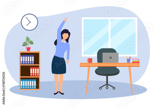 Businesswoman doing exercise in office concept vector illustration. Office syndrome prevention. Stretching exercise.