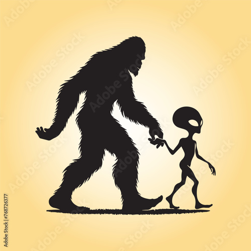Bigfoot Alien walking vector illustration in black and white