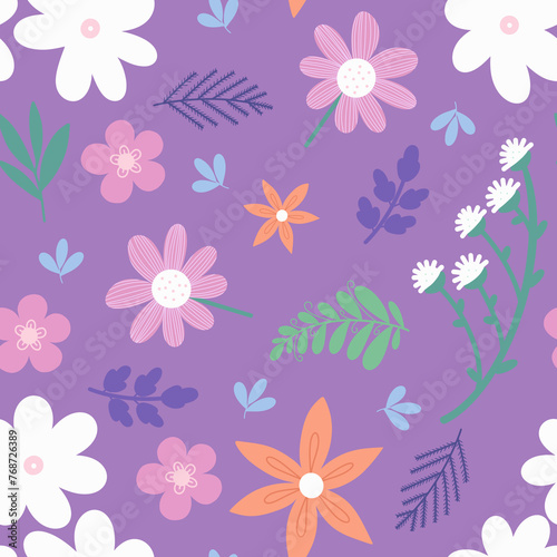 Pretty floral seamless pattern. Hand drawn colorful flowers and leaves scattered on purple background. Pastel colored cheerful blossom allover print 