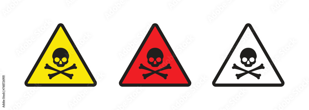 Set of warning signs with skull and bones, red and yellow, skull sign.