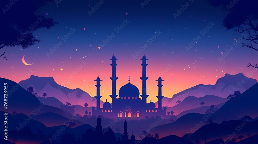 Cinematic dreamy pastel starry Ramadan kareem eid islamic mosque background illustration colorful for wallpaper, poser and greeting card.