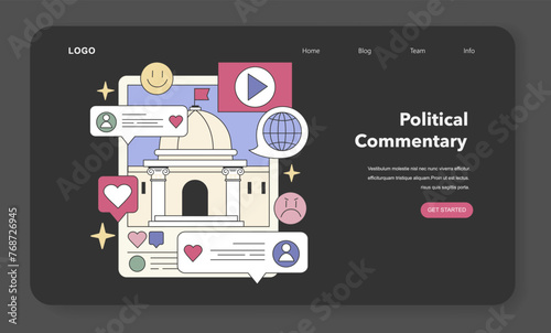 Civic Discourse set. Engaging in societal debates and global issues through online platforms. Flat vector illustration
