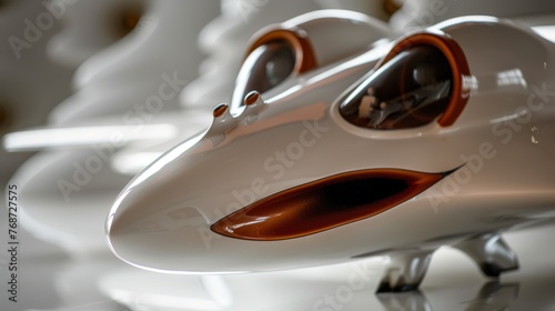  A white and orange object, sharp focus against black foreground, surrounded by white table top objects