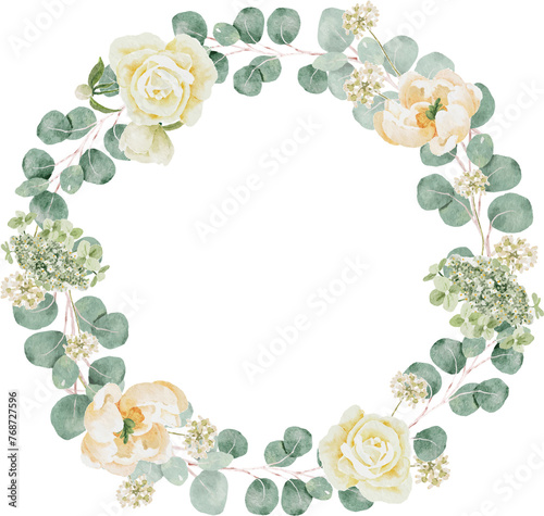 watercolor white peony and rose foliage flower bouquet wreath frame