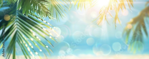 A soft blue background with a blurred, dreamy beach scene in the foreground and palm leaves.