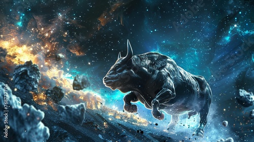 Magazine-style visual narrative of the Bitcoin bull amidst the cosmos