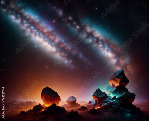 Gorgeous cosmic background with nebulae, brilliant stars and rocks on the surface.  Generative Ai