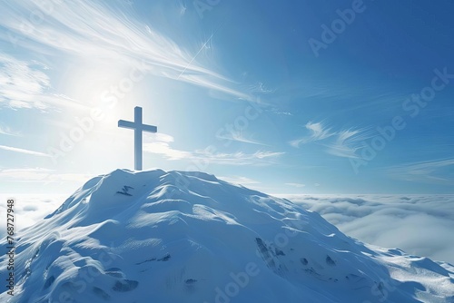 White cross silhouetted against blue sky on snowy mountain peak  spiritual symbol of faith and hope  digital illustration