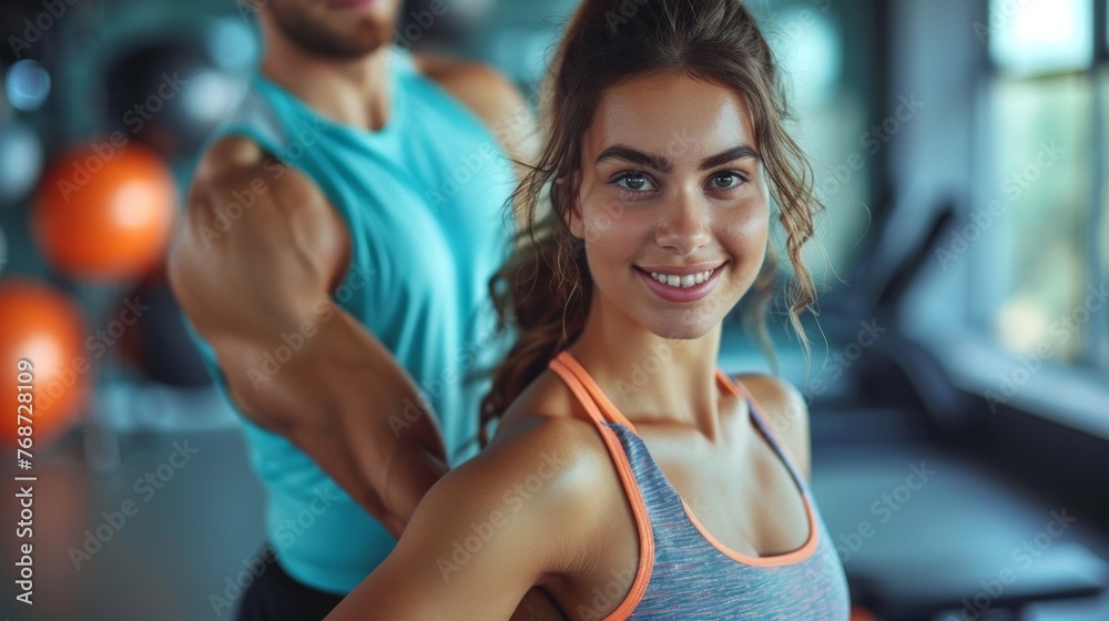 fitness, sport, exercising and diet concept - smiling young woman and personal trainer with clipboard writing exercise plan in gym fitness, sport, exercising and diet concept - smiling young woman and personal trainer with clipboard writing exercise plan in gym