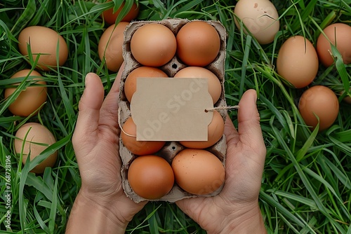 Egg container mockup with a note tag. Farm food and recycled packaging concept. Top view. Close-up product shot for template, layout, banner, presentation with place for text photo