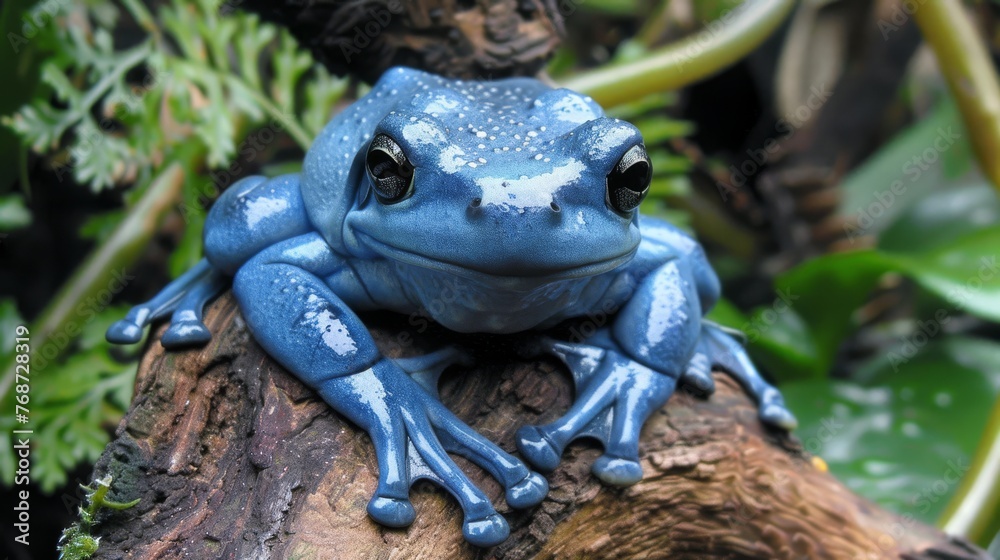 A blue frog perched atop a tree branch amidst green foliage with water droplets adorning its body A blue frog perched atop a tree branch amidst green foliage with water droplets adorning its body