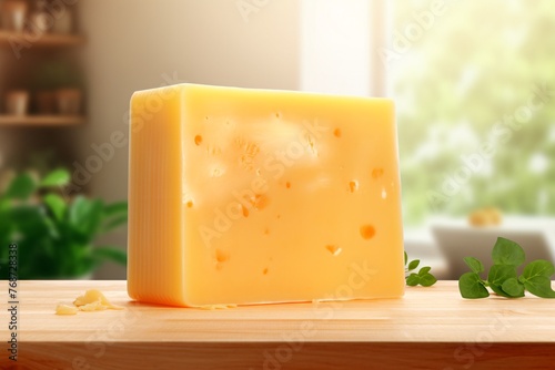 a block of cheese on a table