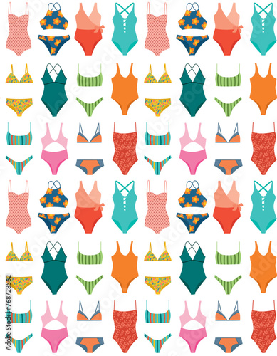 Seamless pattern with various colorful swimsuit. Vector background with fashionable bikini in flat style