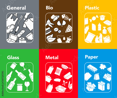 Ready sets of icons for separating trash. Vector elements are made with high contrast, well suited to different scales and on different media. Ready for use in your design. EPS10.