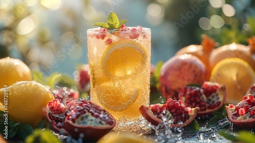  A glass of lemonade surrounded by pomegranates