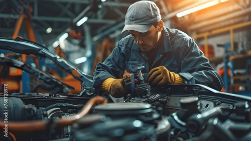 Dedicated Professional Mechanic Showcasing Expertise in Engine Repair and Maintenance in a Well-Equipped, Organized Garage