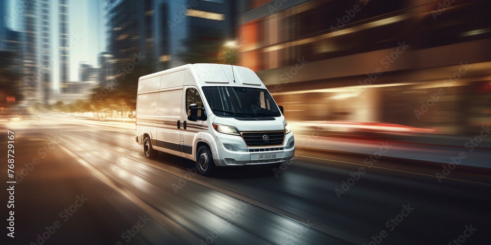 White commercial delivery van on the street with motion blur background