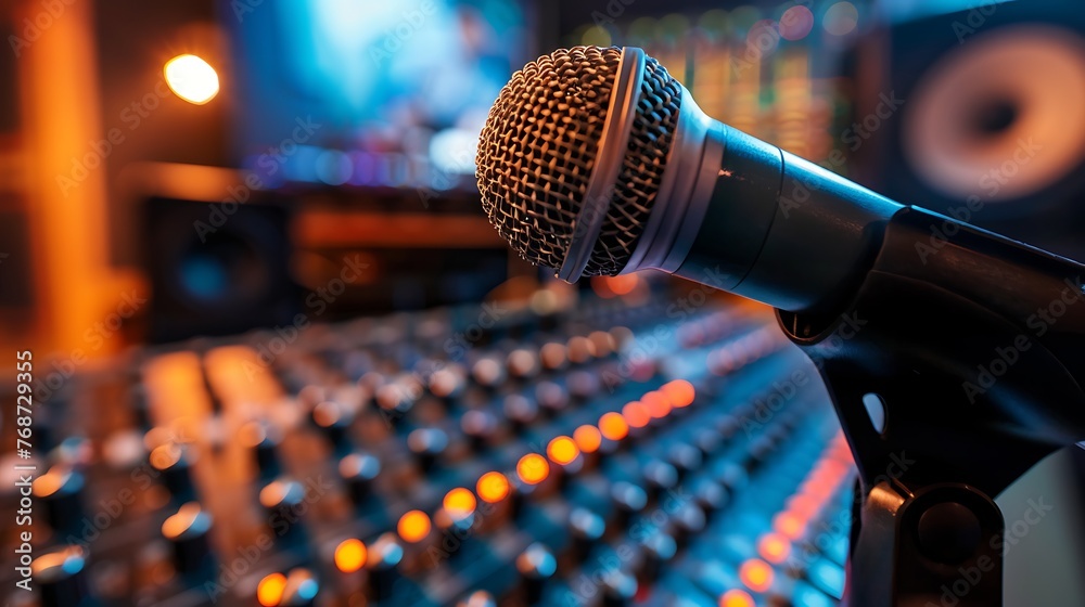 recording studio control desk. Professional studio microphone with musician blurred background and audio mixer, Musical instrument Concept. Generative Ai recording studio control desk. Professional studio microphone with musician blurred background and audio mixer, Musical instrument Concept. Generative Ai