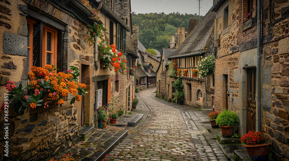 Beautiful perspective of an old European town street adorned with vibrant flowers and quaint houses