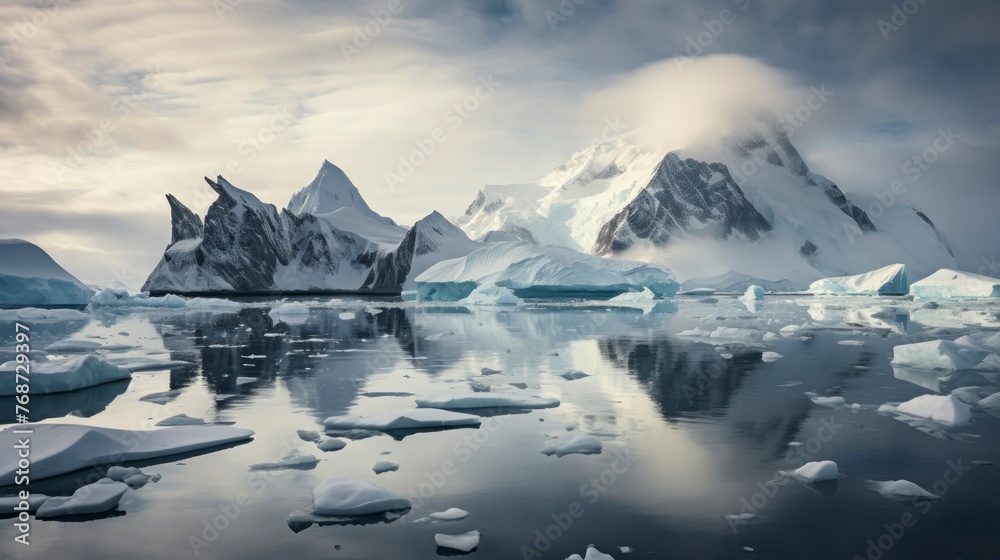 Icebergs in the ocean with mountains in the background