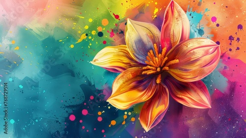  A multicolored canvas featuring a vibrant flower against a splattered backdrop