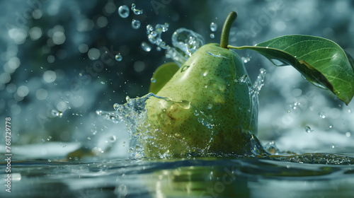 green juicy pear in the water , horizontal position