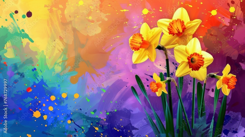  A yellow daffodil painting, set against a multi-colored backdrop, with a splash of vibrant paint