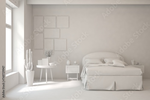 Grey lbedroom concept. Scandinavian interior design. 3D illustration photo