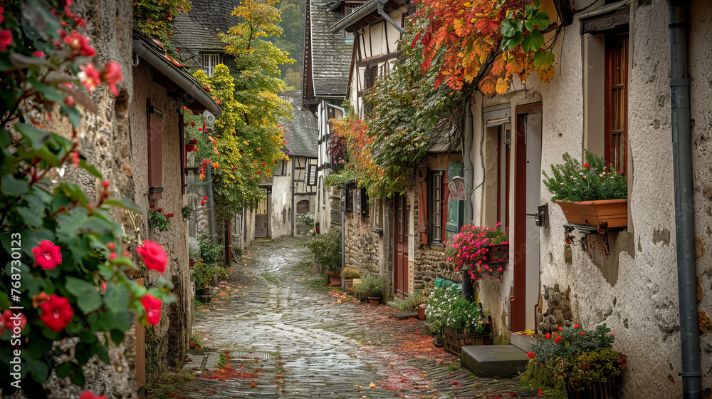 Naklejka premium A picturesque, rainy scene down a cobblestone street lined with colorful flowers and historic homes
