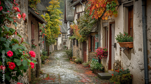 A picturesque  rainy scene down a cobblestone street lined with colorful flowers and historic homes