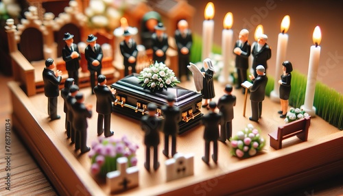 Eine Beerdigungs-Szene mit kleinen Plastik Spielfiguren aus dem Modellbau.