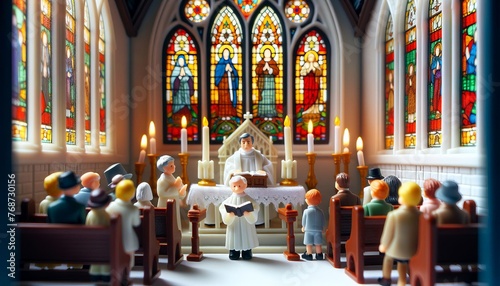 Miniatur Figuren aus Plastik feiern einen Gottesdienst in einer Kirche.