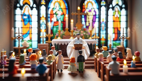 Miniatur Figuren aus Plastik feiern einen Gottesdienst in einer Kirche.