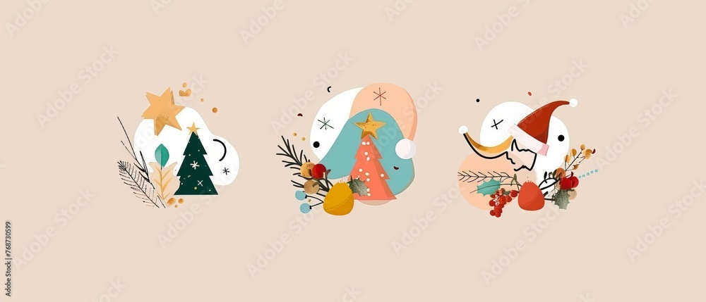 Modern retro contour illustration of a group of groovy melting smile icons with Santa hat, horns, and beard. Hippie smiling emotion faces.
