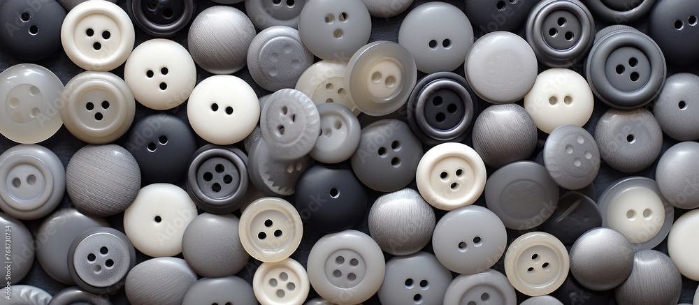 A variety of gray buttons are arranged in a bunch on a wooden table. The buttons are suitable for prints on fabrics, clothes, packaging, and interior decoration in sewing workshops and stores. A variety of gray buttons are arranged in a bunch on a wooden table. The buttons are suitable for prints on fabrics, clothes, packaging, and interior decoration in sewing workshops and stores.