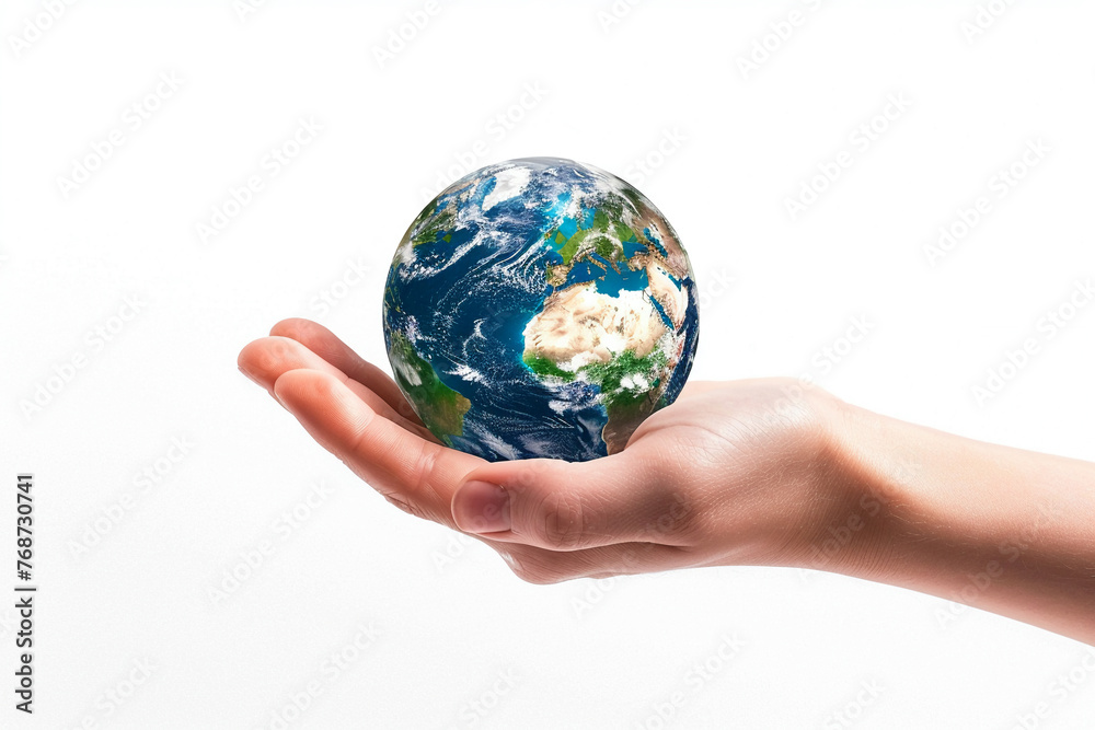 An isolated hand holding a blue and green earth ball, symbolizing charity and care for the planet, against a white light background.