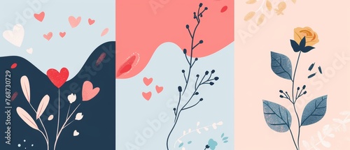 Retro vintage Valentine's Day Story Templates. Modern flat illustration with hearts, flowers, and branches. A background for stories. photo