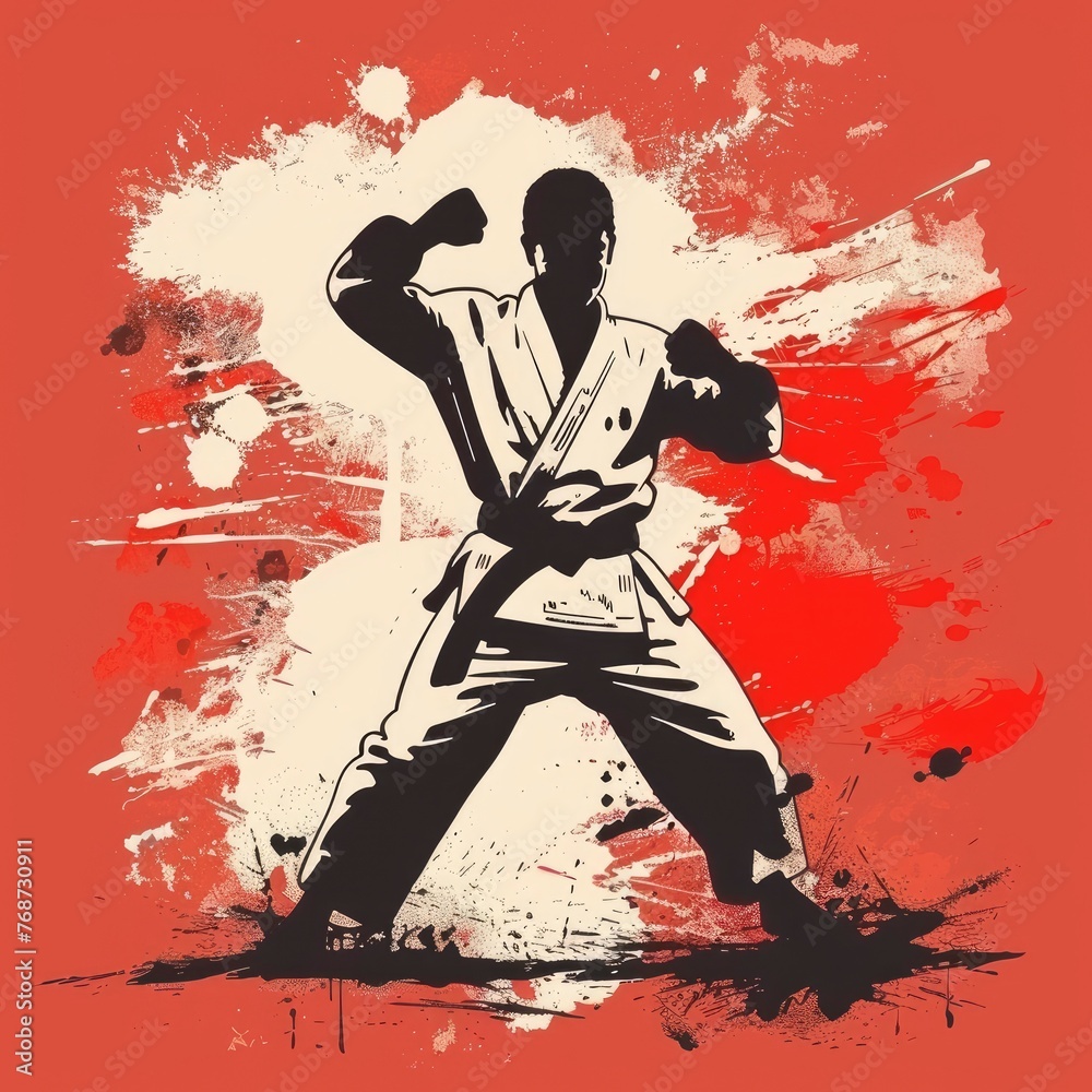 Silhouette of a karate kid in white kimono with black belt posing in a fighting stance, splashes and grunge decor on background, vector flat graphics 