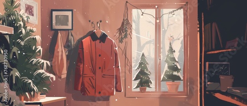 Interior of hallway with brown toned ceiling, large window overlooking winter landscape and snowy trees. There are tables, hangers, mittens, Christmas tree, ceiling light in the room. Cartoon flat photo