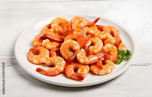 tasty cooked shrimps seafood on white plate on white wooden tabl